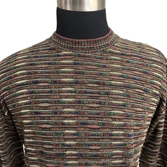 TOSCANO Made In Italy Brown‎ Textured Stripe Crew Neck Sweater size small - Picture 2 of 9